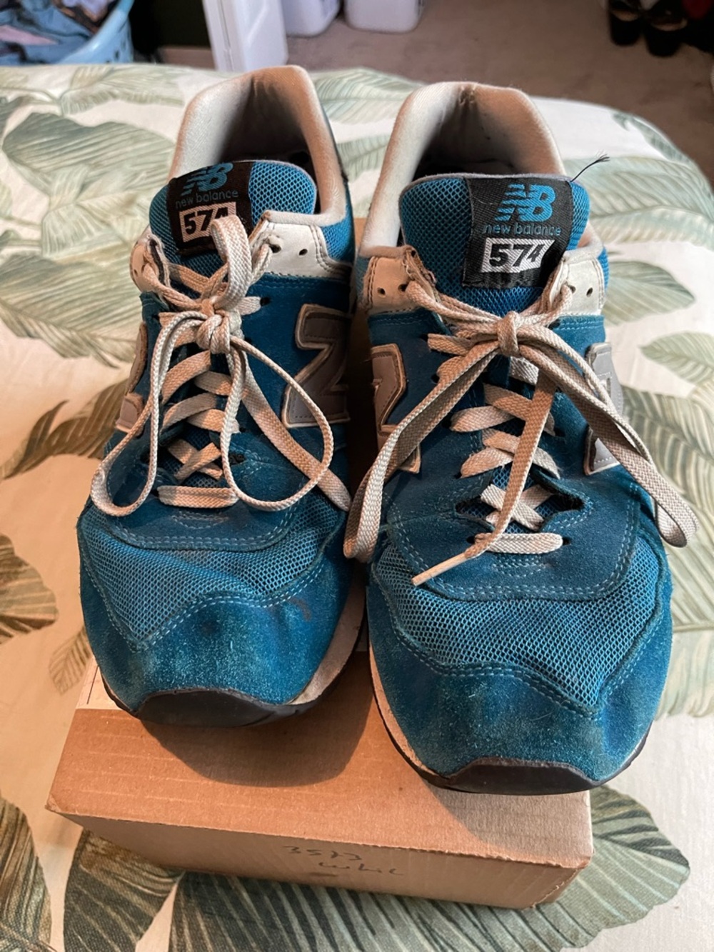 New Balance Men’s 574 Athletic Sneakers in Teal and White